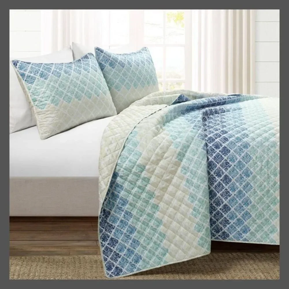 Lush Decor - 3pc King Medallion Ombre Quilt & Sham Set Blue/Nav Blue/Navy
